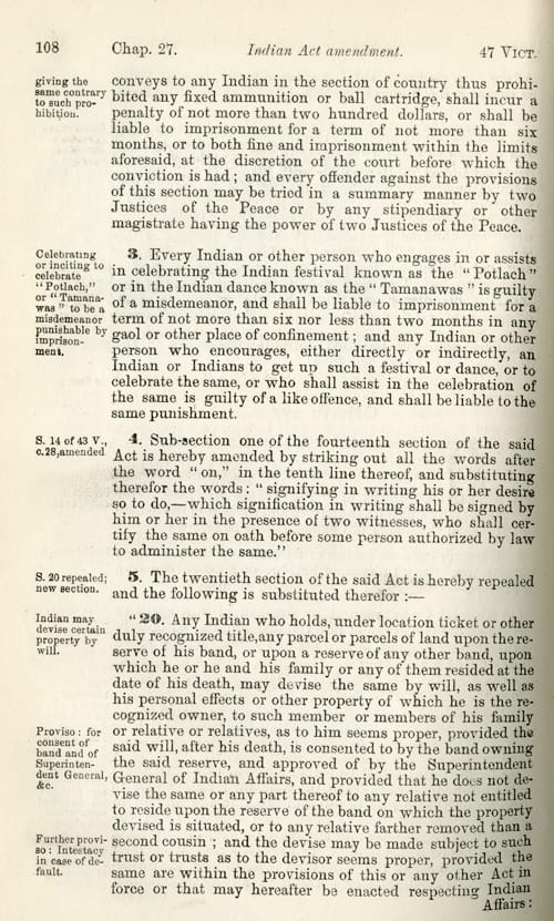 Page 108 of the Indian Act amendment prohibiting ammunition and Potlachs, and restricting transfer of property.