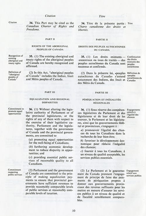 Page 10 from an untitled document in English and French discussing the Rights of the Aboriginal Peoples of Canada and Equalization and Regional Disparities.