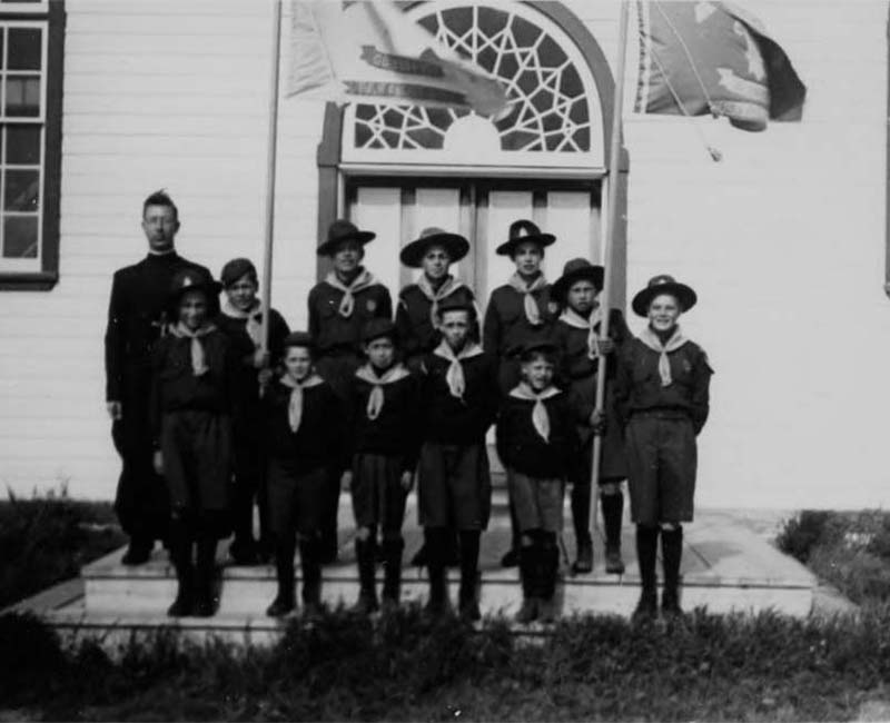 Group of people outside at Holy Angels Fort Chipewyan School 