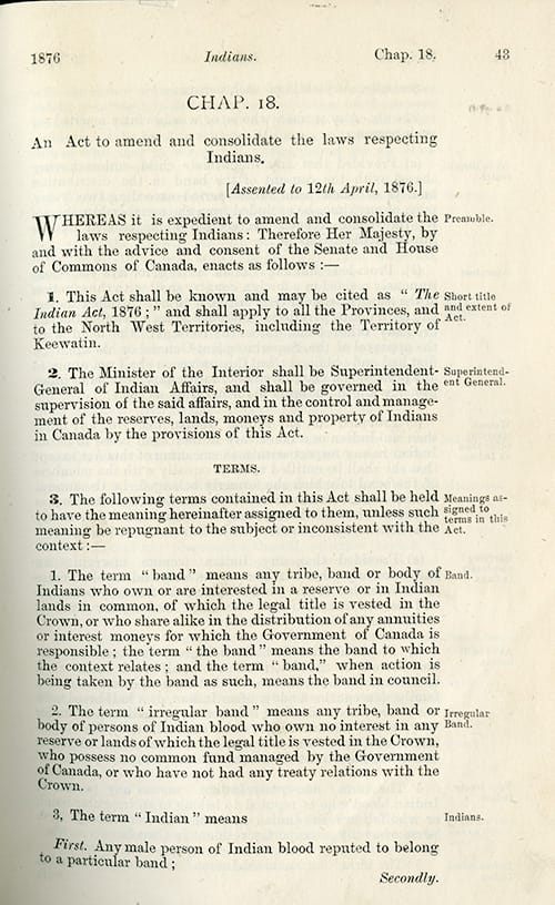 Page 48 of the Indian Act, 1876, with the introduction to the Act, and definitions of the terms ‘band’, ‘irregular band’ and ‘Indian’.