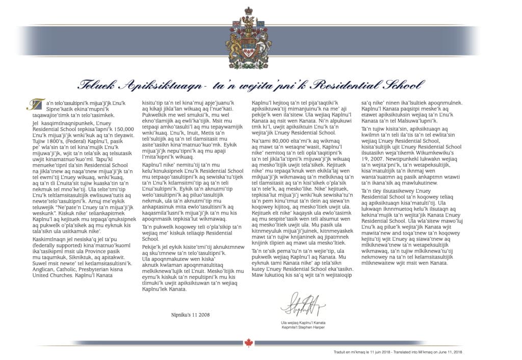 PDF of Indian Residential School Apology in Mi’kmaq.