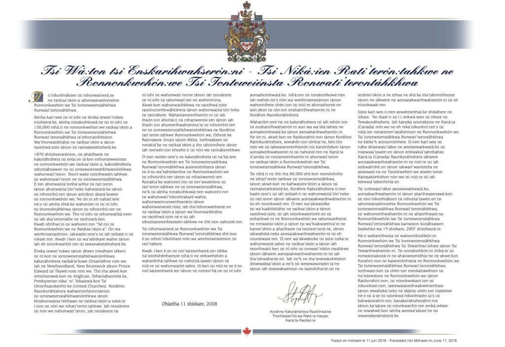 PDF of Indian Residential School Apology in Mohawk.