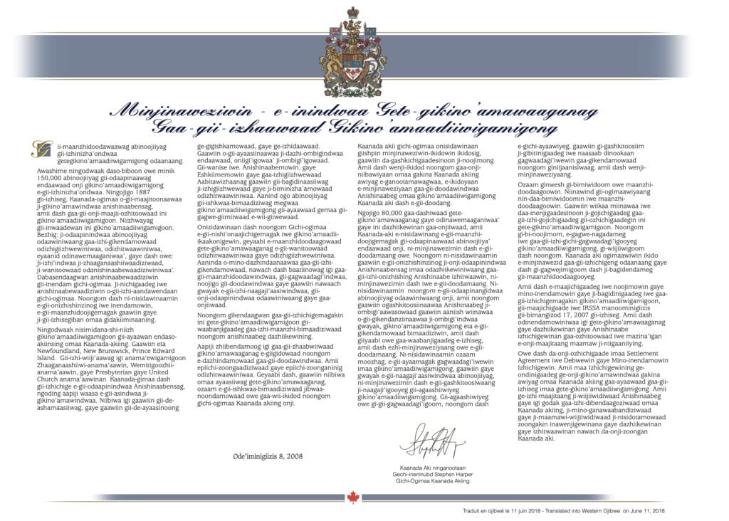 PDF of Indian Residential School Apology in Ojibwe.