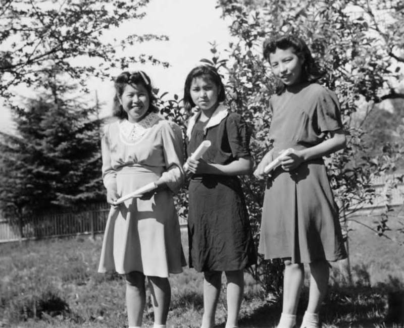 Group of three girls standing outside from Port Simpson Crosby Home for Girls