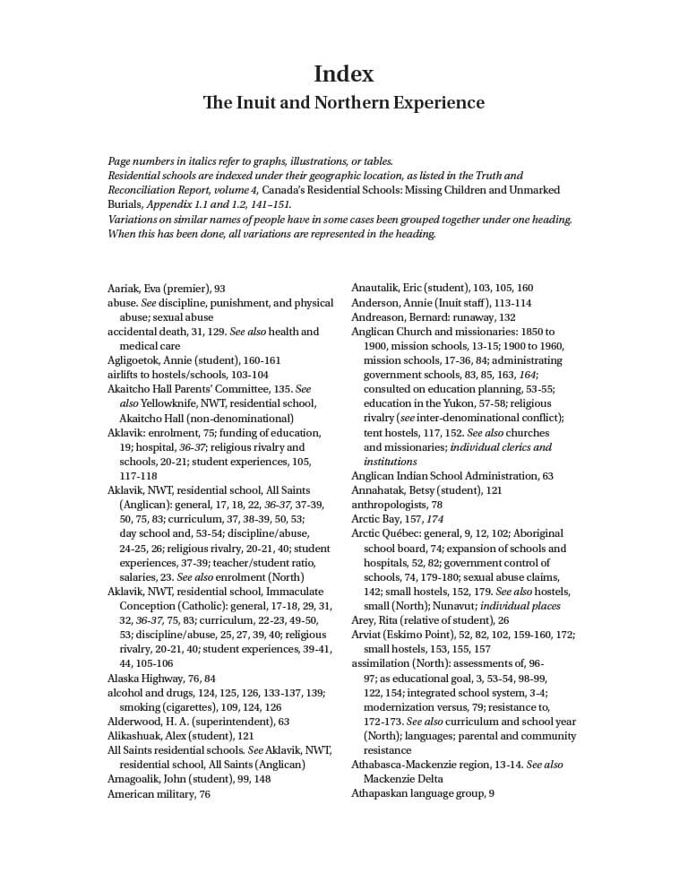 Cover for document "Index for Canada’s Residential Schools: The Inuit and Northern Experience"