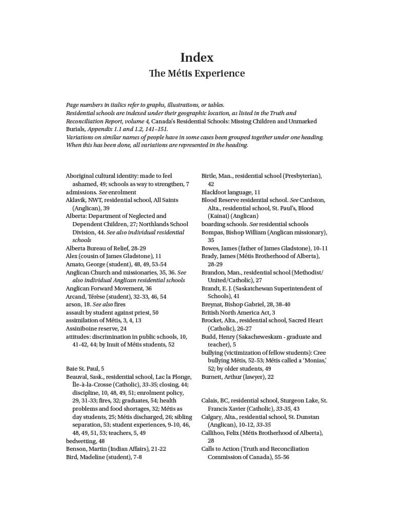Index page for document "Canada’s Residential Schools: The Métis Experience"